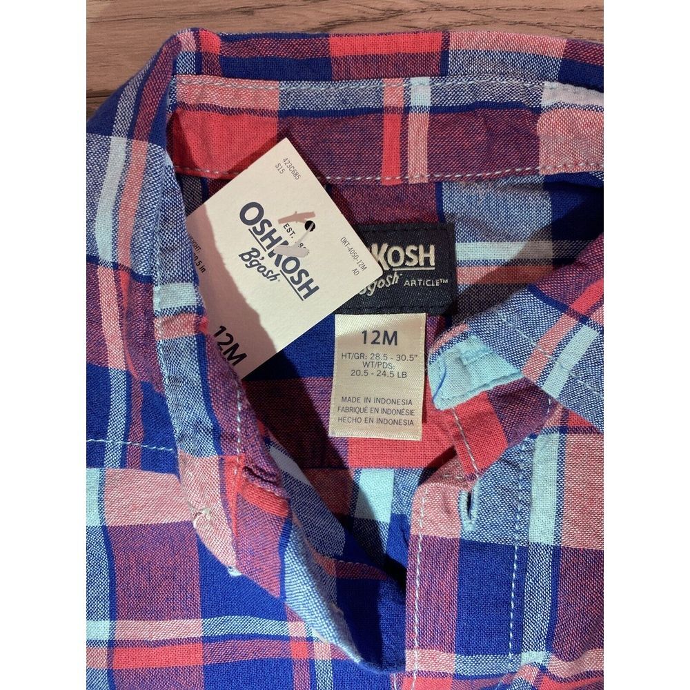 Oshkosh B'Gosh Short Sleeve Button Down One Piece Size 12 Red White & Blue Plaid